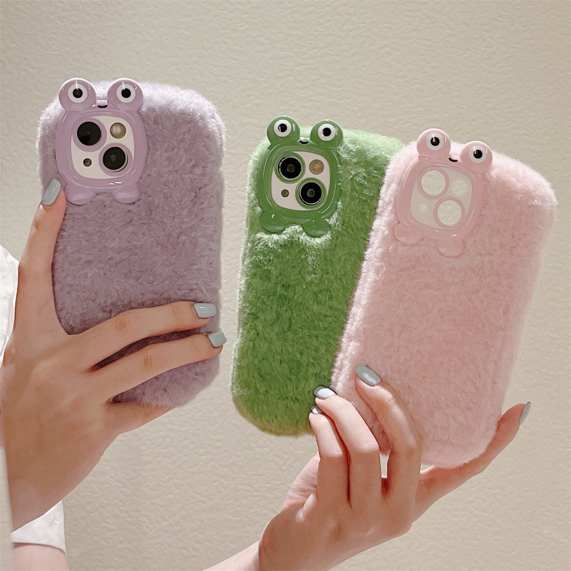 Fluffy cartoon frog eye hole small curly hair phone case for iphone Xr Xs 11 12 13 14 15 Pro Max Cell Cover