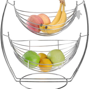 2 Tier Black Metal Double Hammock Fruit Basket Vegetables and Produce Storage Rack Display Stand