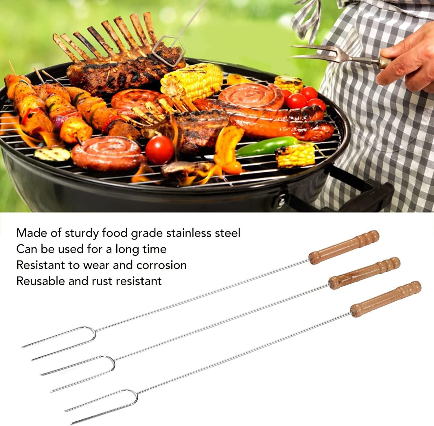 3 Pcs Wooden Handle Smores Marshmallow Roasting Sticks, Extendable, Camping Skewer for Fire Pit, ,18.6in Camping Campfire Pit