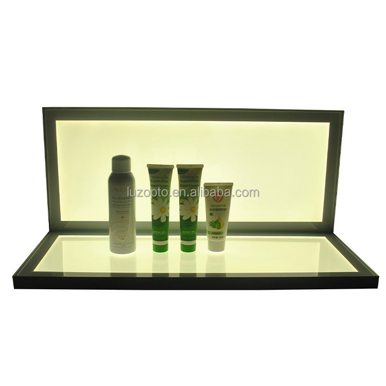 L shape custom sizes cosmetic shop counter top acrylic light panel LED cosmetic display stand