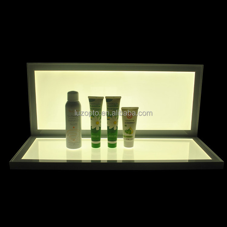 L shape custom sizes cosmetic shop counter top acrylic light panel LED cosmetic display stand