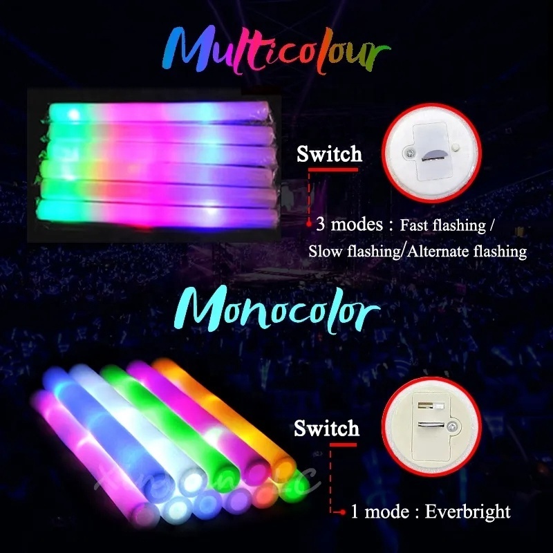 1Pcs LED Glow Sticks Bulk Colorful RGB Glow Foam Stick Cheer Tube Dark Light for Xmas Birthday Wedding Party Supplies