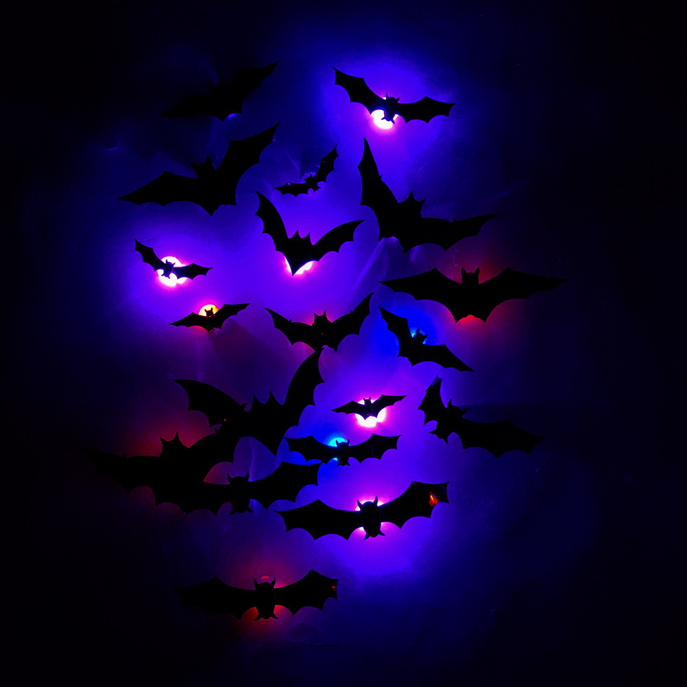 12pcs 3D Led Bat Night Light Sticker Halloween Bat Led Light Party DIY Horror Decorative Wall Stickers Haunted House Props