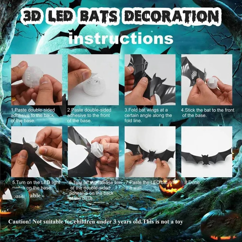 12pcs 3D Led Bat Night Light Sticker Halloween Bat Led Light Party DIY Horror Decorative Wall Stickers Haunted House Props