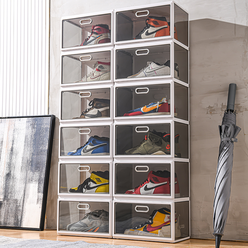 Integrated high shoes cabinet side-opening transparent sneaker shoe box magnet folding plastic shoe storage rack