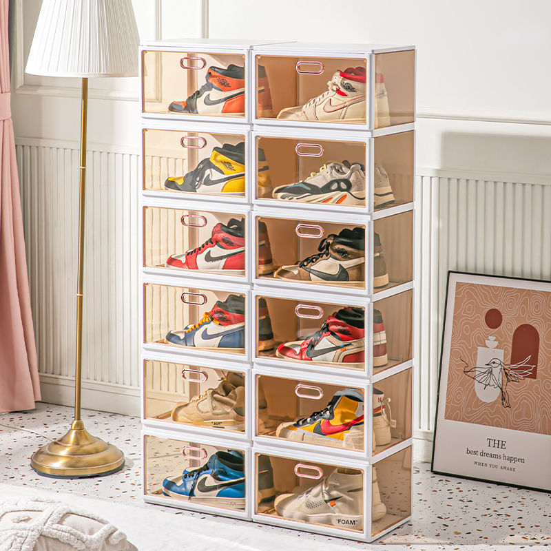 Integrated high shoes cabinet side-opening transparent sneaker shoe box magnet folding plastic shoe storage rack