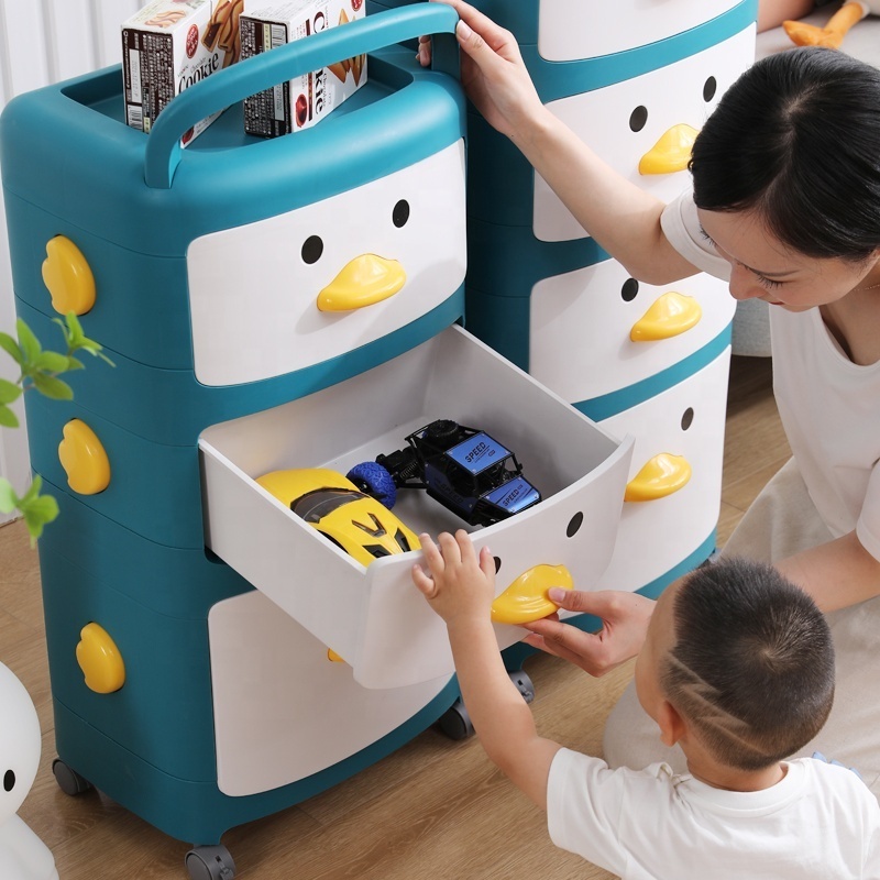 Toys Storage Holder Cartoon Duck Home Baby Snacks Organizer Drawers Plastic Kids Toys Storage Rack With Wheels