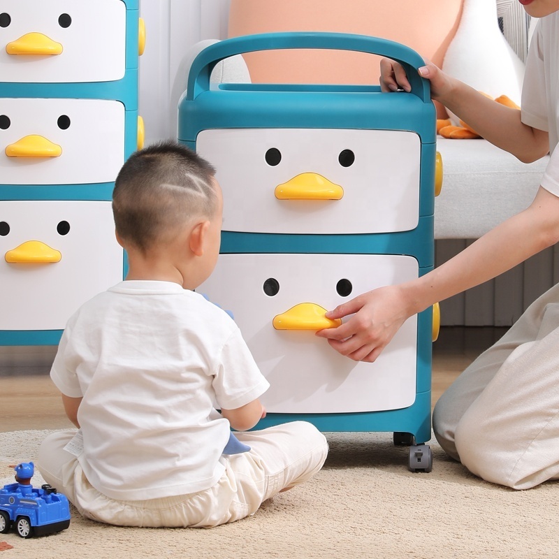 Toys Storage Holder Cartoon Duck Home Baby Snacks Organizer Drawers Plastic Kids Toys Storage Rack With Wheels