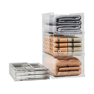 Transparent Foldable Closet Organizers Storage Bins Drawer Shelf Storage Container Stackable Plastic Storage Basket For Wardrobe