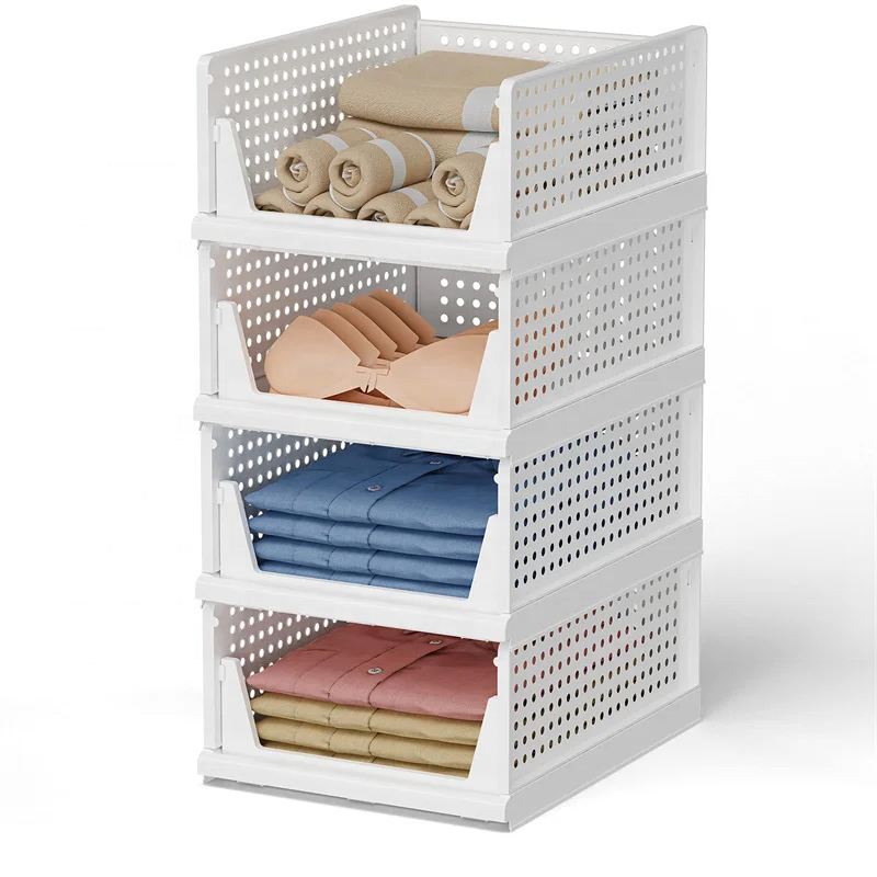 Clothes Storage Drawers Stackable Plastic Folding Storage Bin Push-pull Clothes Organizer Collapsible Storage Box for Wardrobe