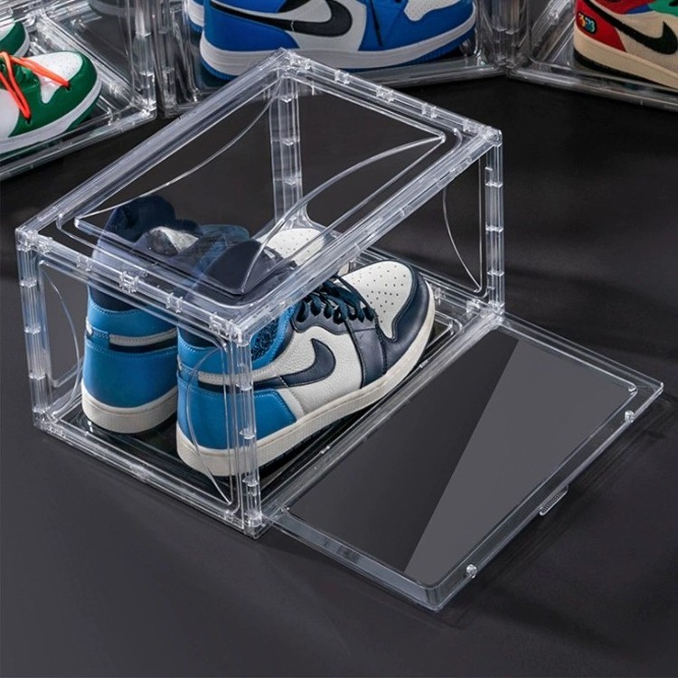 Stackable Foldable Plastic PET Organizer Bins Transparent Side Drop Sneaker Shoe Storage Box