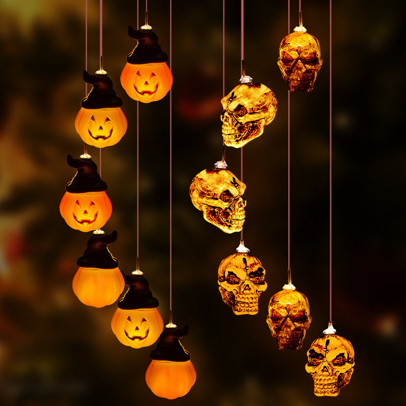 Solar Halloween Pumpkin Ghost Skeleton Skull Decorative Lights Solar Wind Chimes Waterproof Holiday Lights for Outdoor Decor