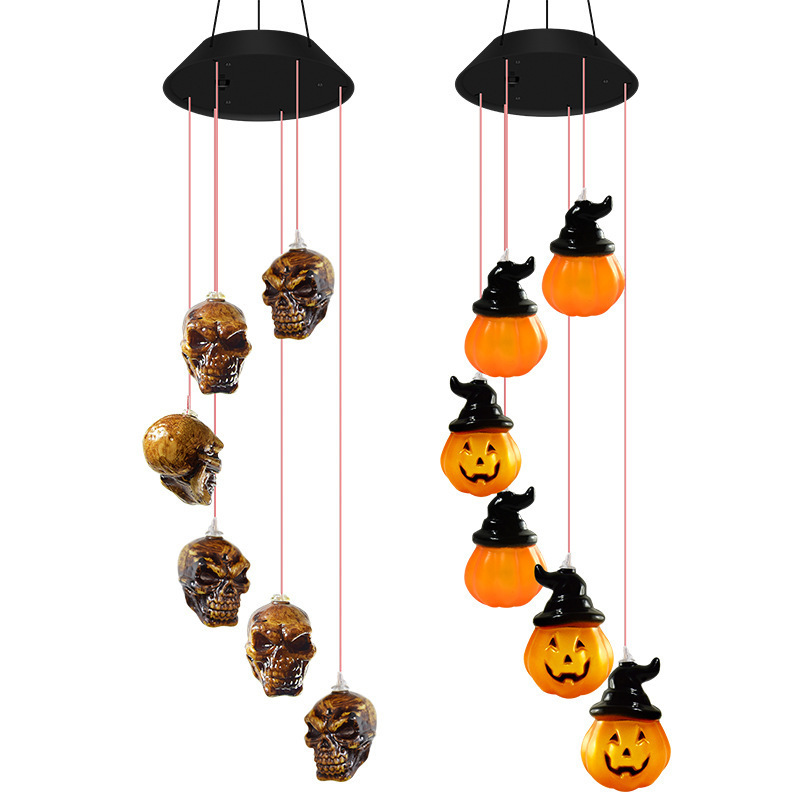 Solar Halloween Pumpkin Ghost Skeleton Skull Decorative Lights Solar Wind Chimes Waterproof Holiday Lights for Outdoor Decor