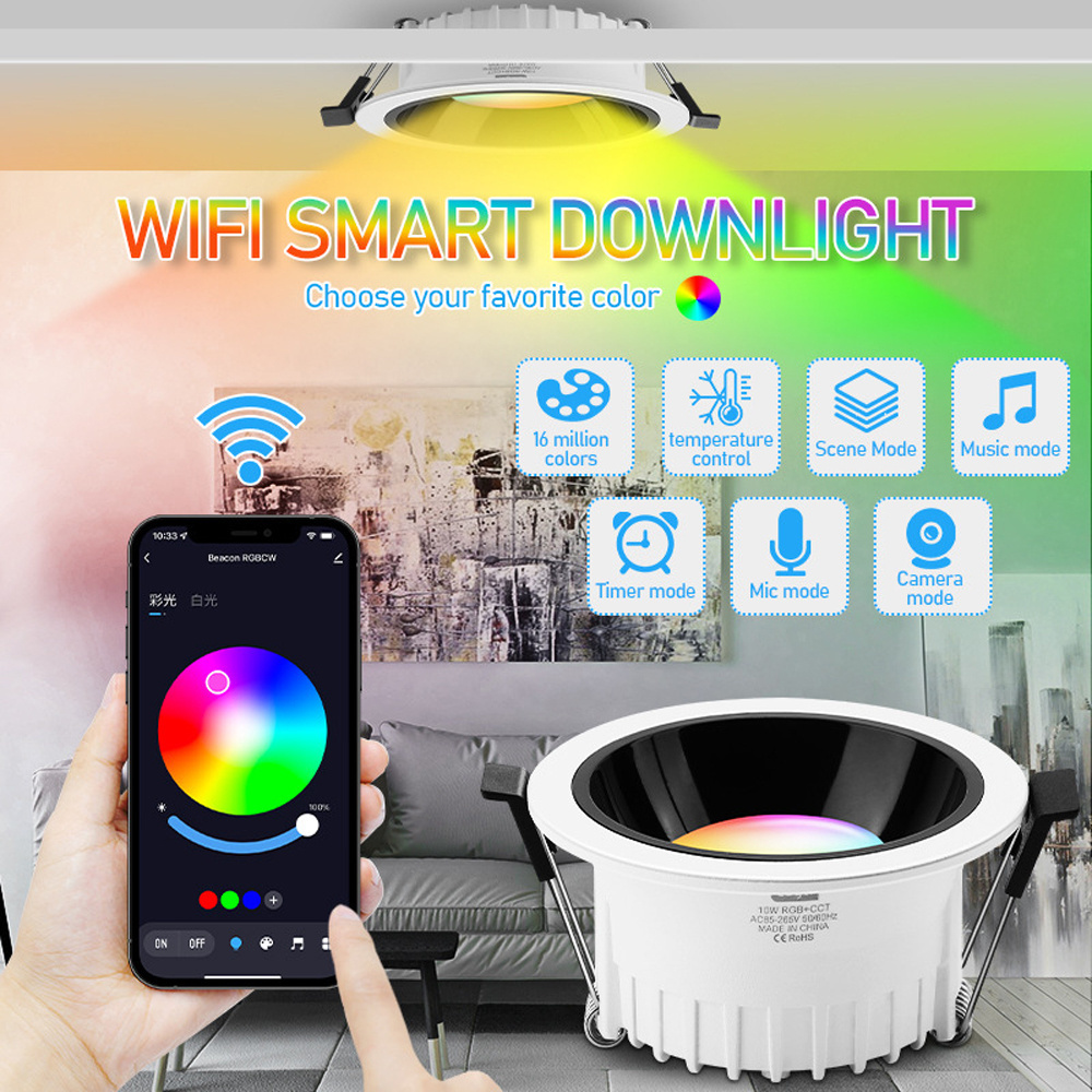 AC85-265V 10W 15W round RGBCW smart wifi tuya downlight anti-glare colorful smart bulb ceiling light