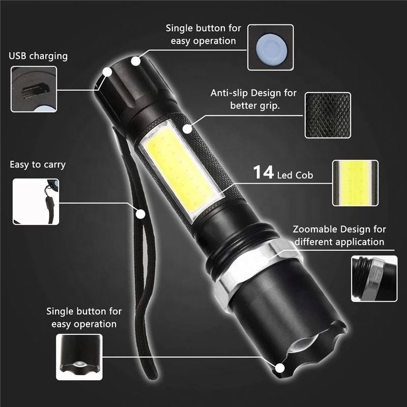 Newest Design XP-G Q5 Built in Battery USB Charging Flashlight COB LED Zoomable Waterproof Tactical Torch Lamp LED Bulbs