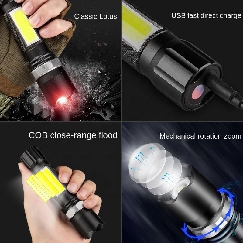 Newest Design XP-G Q5 Built in Battery USB Charging Flashlight COB LED Zoomable Waterproof Tactical Torch Lamp LED Bulbs