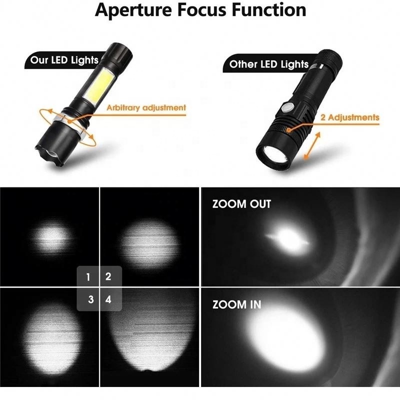 Newest Design XP-G Q5 Built in Battery USB Charging Flashlight COB LED Zoomable Waterproof Tactical Torch Lamp LED Bulbs