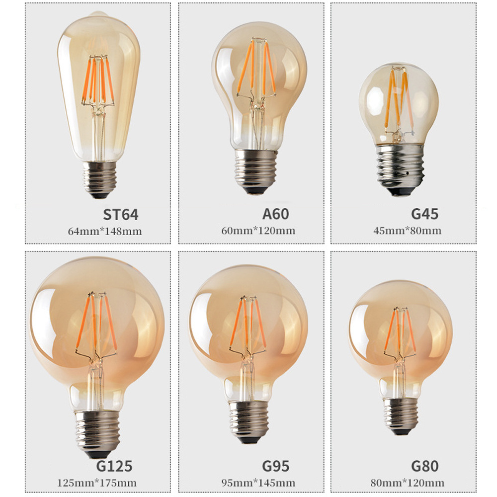 LED Filament Bulbs A60 G45 ST64 G80 G125 Led Light Bulb E27 Warm Yellow Chandelier Vintage Lamp Bulb