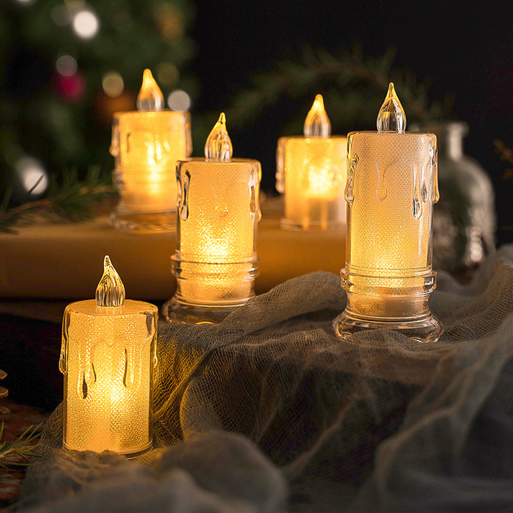 LED Realistic Battery Operated Candles Flameless Candle Tea Light with Holder Clear Candlestick for Home Christmas Decoration