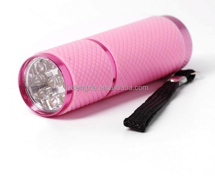 Battery operated mini Pink LED Flashlight Small Glow UV Flashlights with 9 LED Lights Portable Light Nail Dryer for Nail Gel