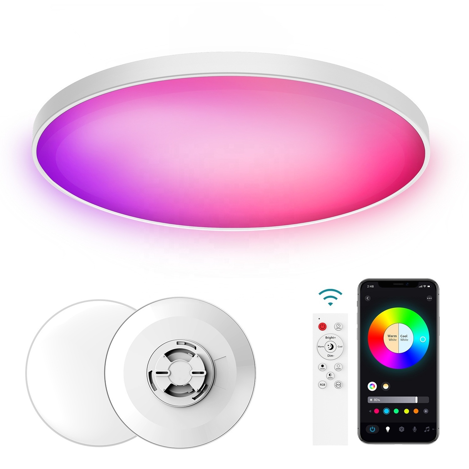 30W 48W wifi Dual mode RGB+CCT smart ceiling light with remote Surface mounted round Led bathroom ceiling light