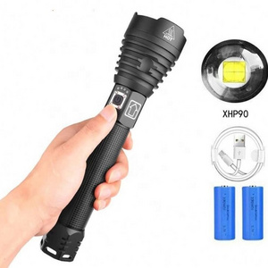 Hand LED Torch Light, Outdoor XHP90 Waterproof USB LED Zoomable Tactical Self Defensive Camping Flashlight