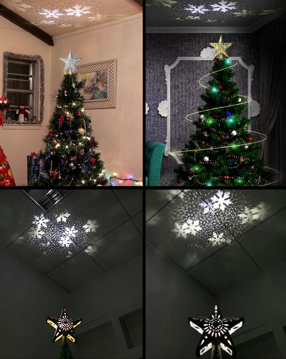 Christmas Tree Topper LED Light Projector Silver Snowflake Rotating 3D Glitter Lighted Sliver Star for Tree Top Decoration