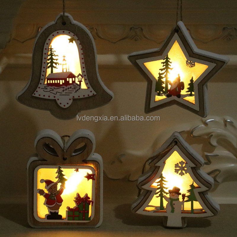 Xmas light Christmas Tree Hanging Ornaments santa Light luminous wooden pendants for Christmas gifts Home Party Decorations