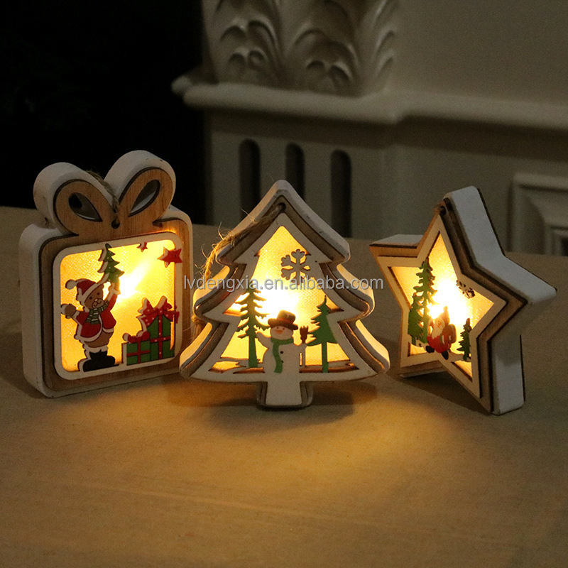 Xmas light Christmas Tree Hanging Ornaments santa Light luminous wooden pendants for Christmas gifts Home Party Decorations