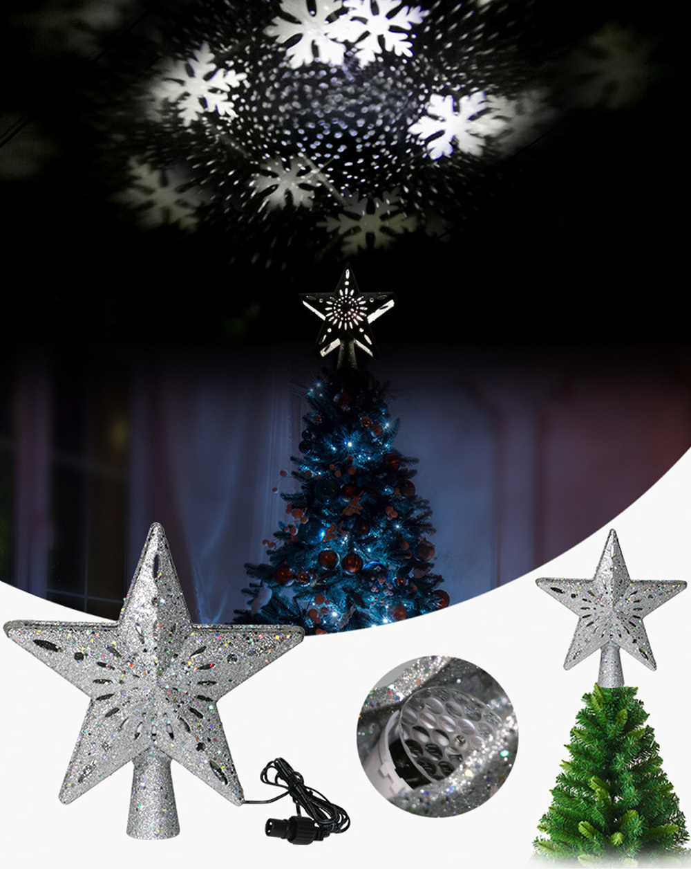 Christmas Tree Topper LED Light Projector Silver Snowflake Rotating 3D Glitter Lighted Sliver Star for Tree Top Decoration