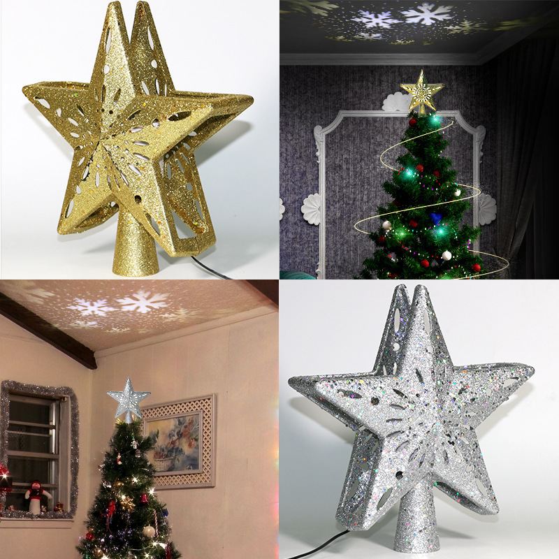 Christmas Tree Topper LED Light Projector Silver Snowflake Rotating 3D Glitter Lighted Sliver Star for Tree Top Decoration