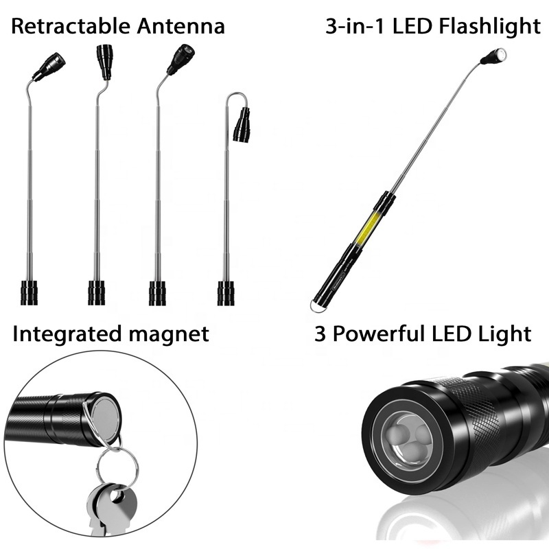 Extendable Magnetic LED Flashlight with Telescoping Magnet Pickup