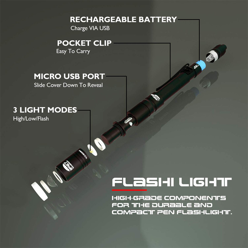 Rechargeable Pen Light Flashlight IP67 Waterproof with Pocket Clip