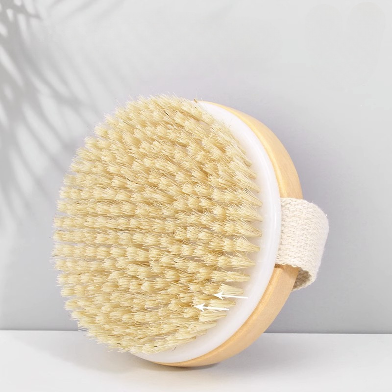 Custom Logo Natural Boar Exfoliating shower Brush Bath Shower Scrubber Round Wooden Body Brush Dry Massage Brush