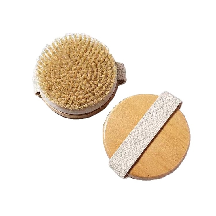 Custom Logo Natural Boar Exfoliating shower Brush Bath Shower Scrubber Round Wooden Body Brush Dry Massage Brush