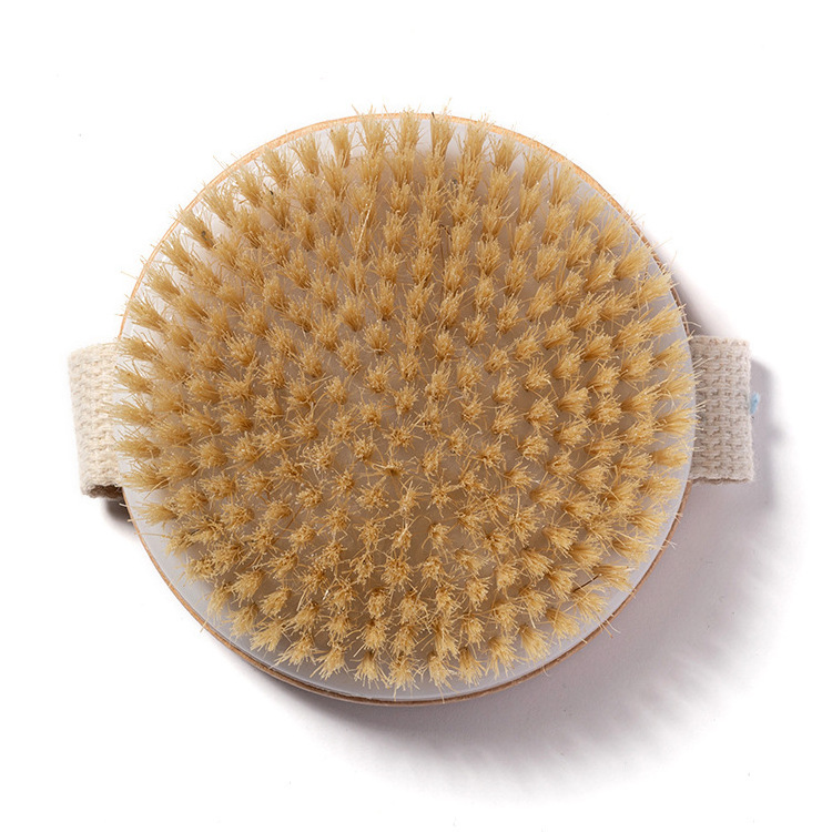 Custom Logo Natural Boar Exfoliating shower Brush Bath Shower Scrubber Round Wooden Body Brush Dry Massage Brush