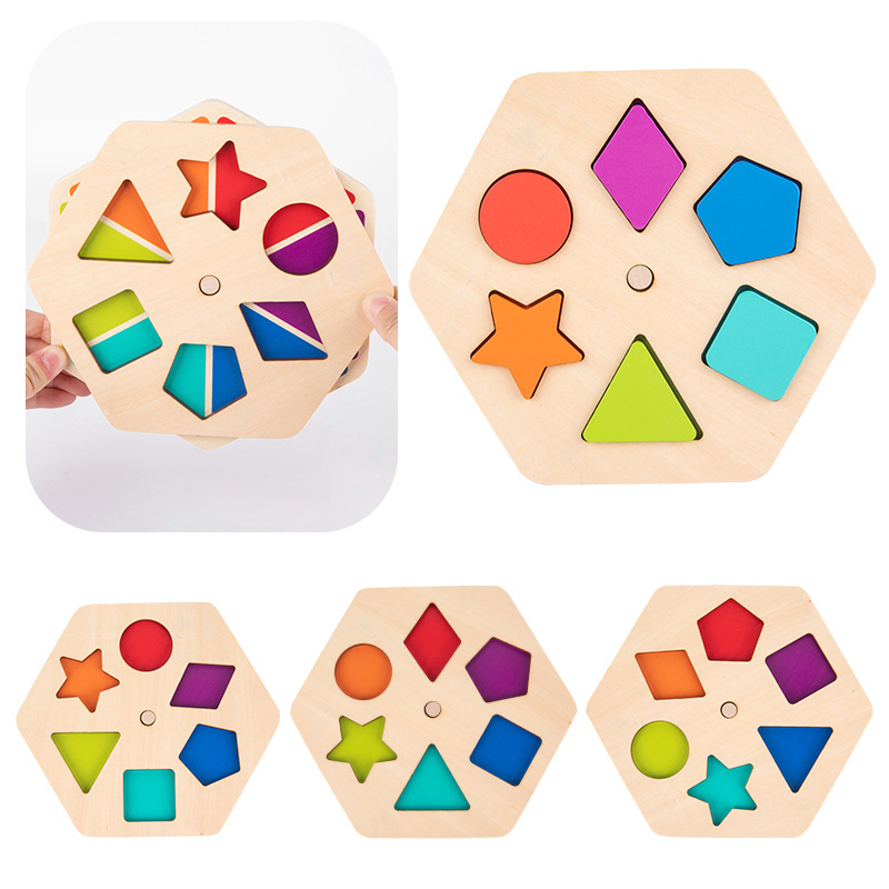 2024 Kids Montessori Geometric Shape Color Matching Recognition Game Wooden Rotating Puzzle Board Toys