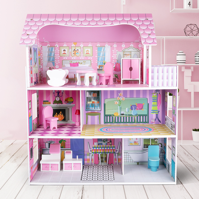 High Quality Girl Birthday Present Holiday Educational Toys 3 Layers Pink Big Villa Wood Doll House For Kids Girls