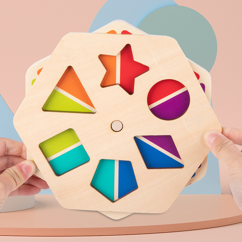 2024 Kids Montessori Geometric Shape Color Matching Recognition Game Wooden Rotating Puzzle Board Toys