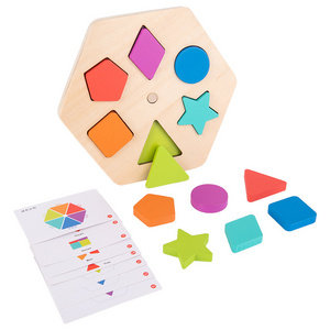 2024 Kids Montessori Geometric Shape Color Matching Recognition Game Wooden Rotating Puzzle Board Toys