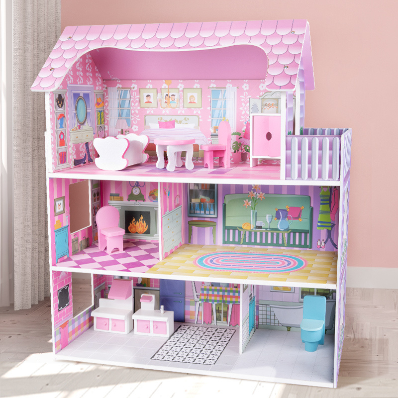 High Quality Girl Birthday Present Holiday Educational Toys 3 Layers Pink Big Villa Wood Doll House For Kids Girls