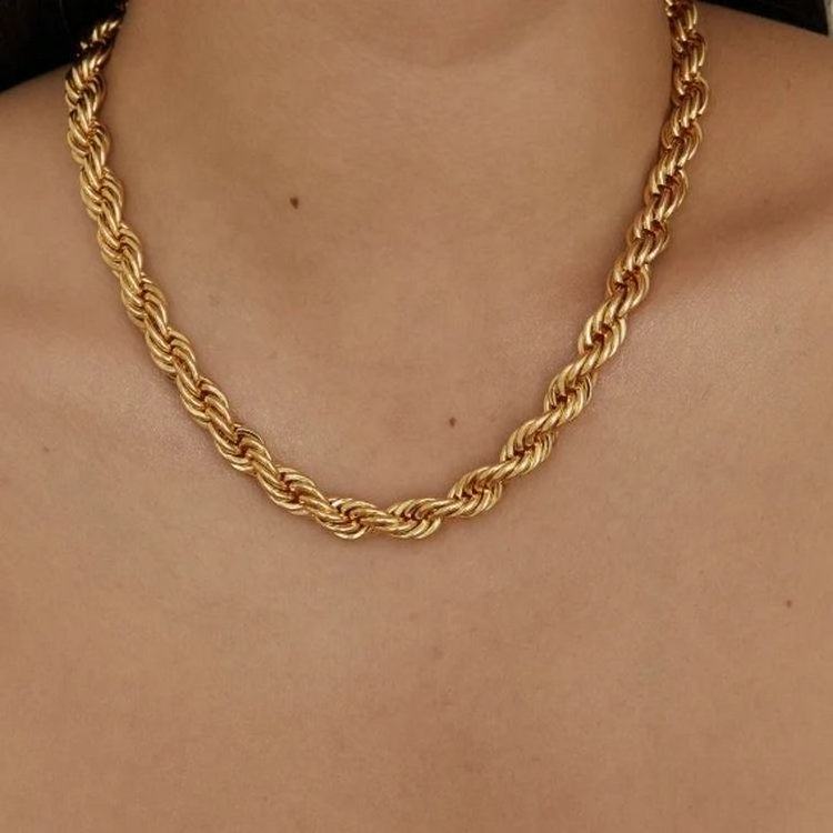 Vershal VSB-18 Stainless Steel 18K Gold Plated Hip Hop Vintage 8mm Thick Twisted Rope Chain Choker Necklaces For Women