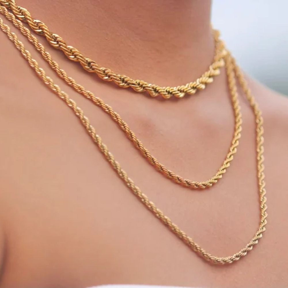 Vershal VSB-18 Stainless Steel 18K Gold Plated Hip Hop Vintage 8mm Thick Twisted Rope Chain Choker Necklaces For Women