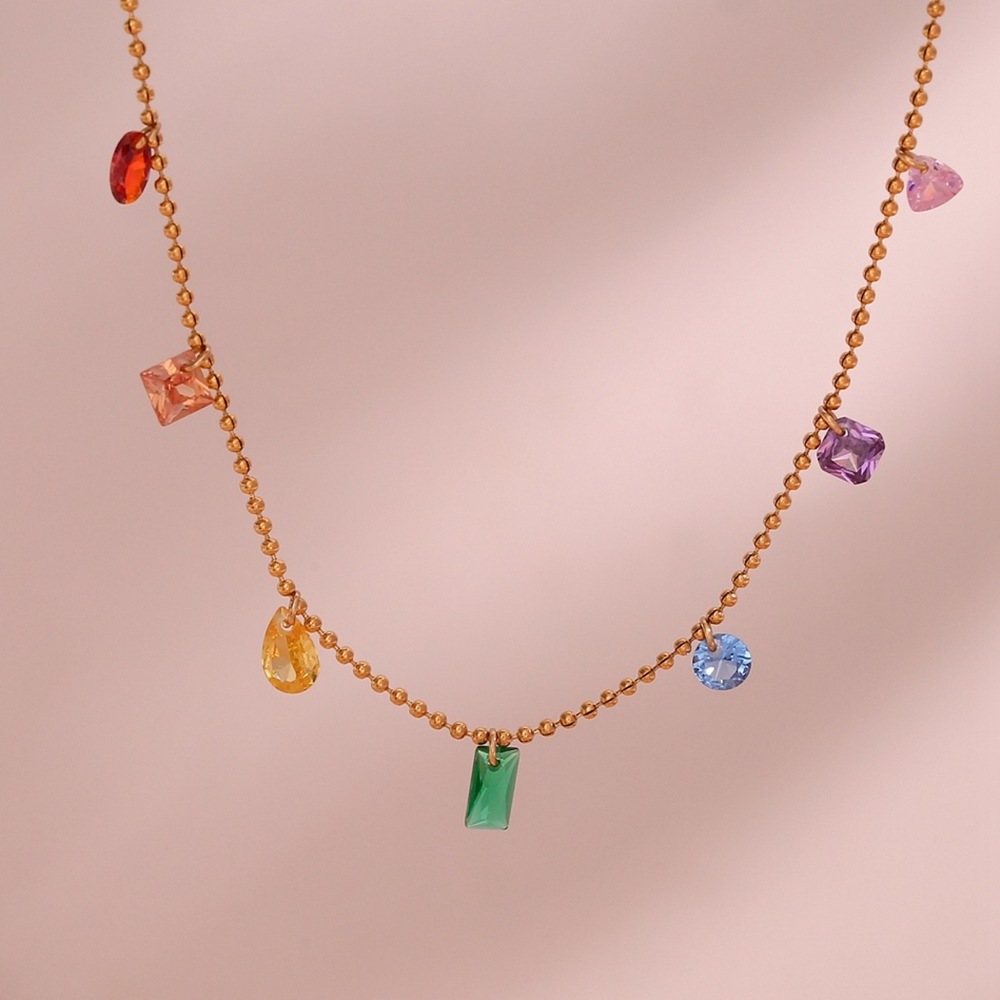 Vershal VSB552 18k Gold-plated Stainless Steel Bead Chain Inlaid With Colored Zircon Custom Logo Necklace