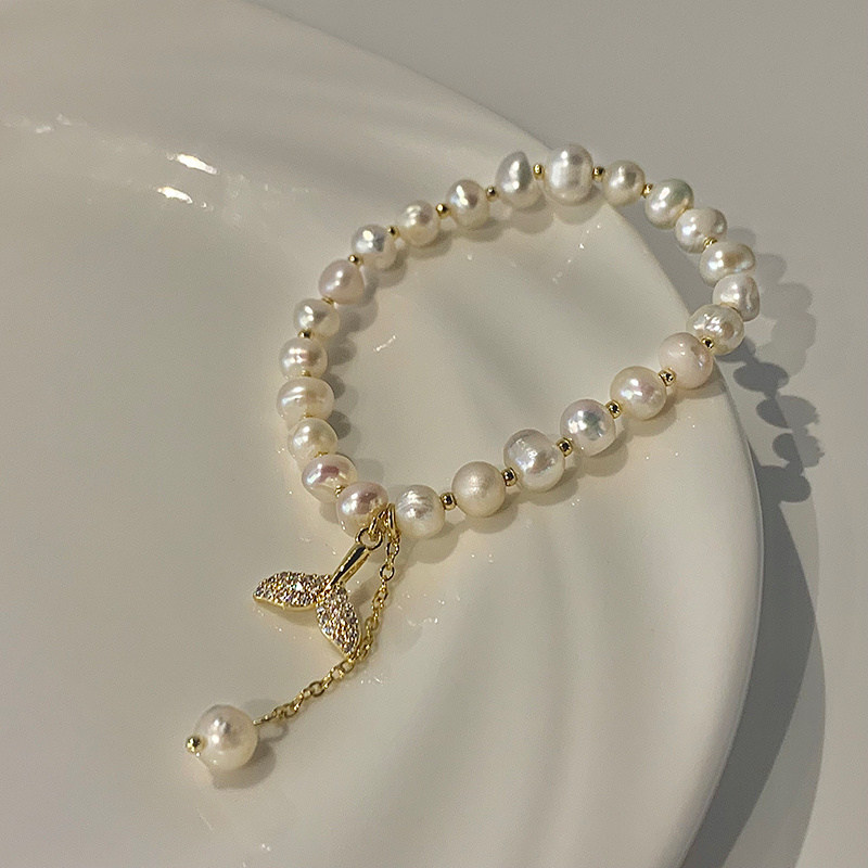 Vershal D-45 High Quality 18k Real Gold Plated Freshwater Pearl Beaded CZ Fish Tail Charm Bracelet