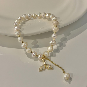 Vershal D-45 High Quality 18k Real Gold Plated Freshwater Pearl Beaded CZ Fish Tail Charm Bracelet