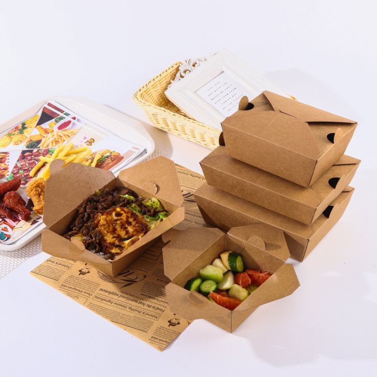 Eco-Friendly Grease-Resistant Disposable Recycled PE PLA Coating  Brown Kraft Paper Takeaway Box and Square Kraft Lunch Box