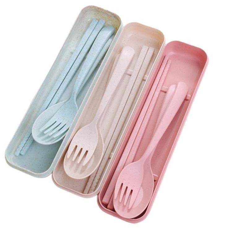 Eco Friendly Fork Spoon Chopsticks Reusable Wheat Straw Tableware Flatware Set Portable Travel Utensils Cutlery Set