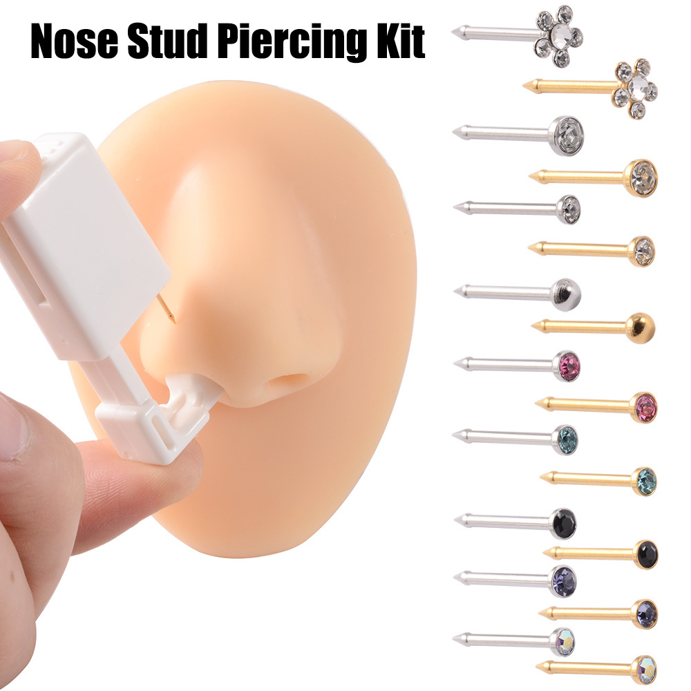 Disposable Stainless Steel Cz Gem Sterilized Nose Piercing Kit For Women Men No Pain Nose Studs Body Piercing Jewelry