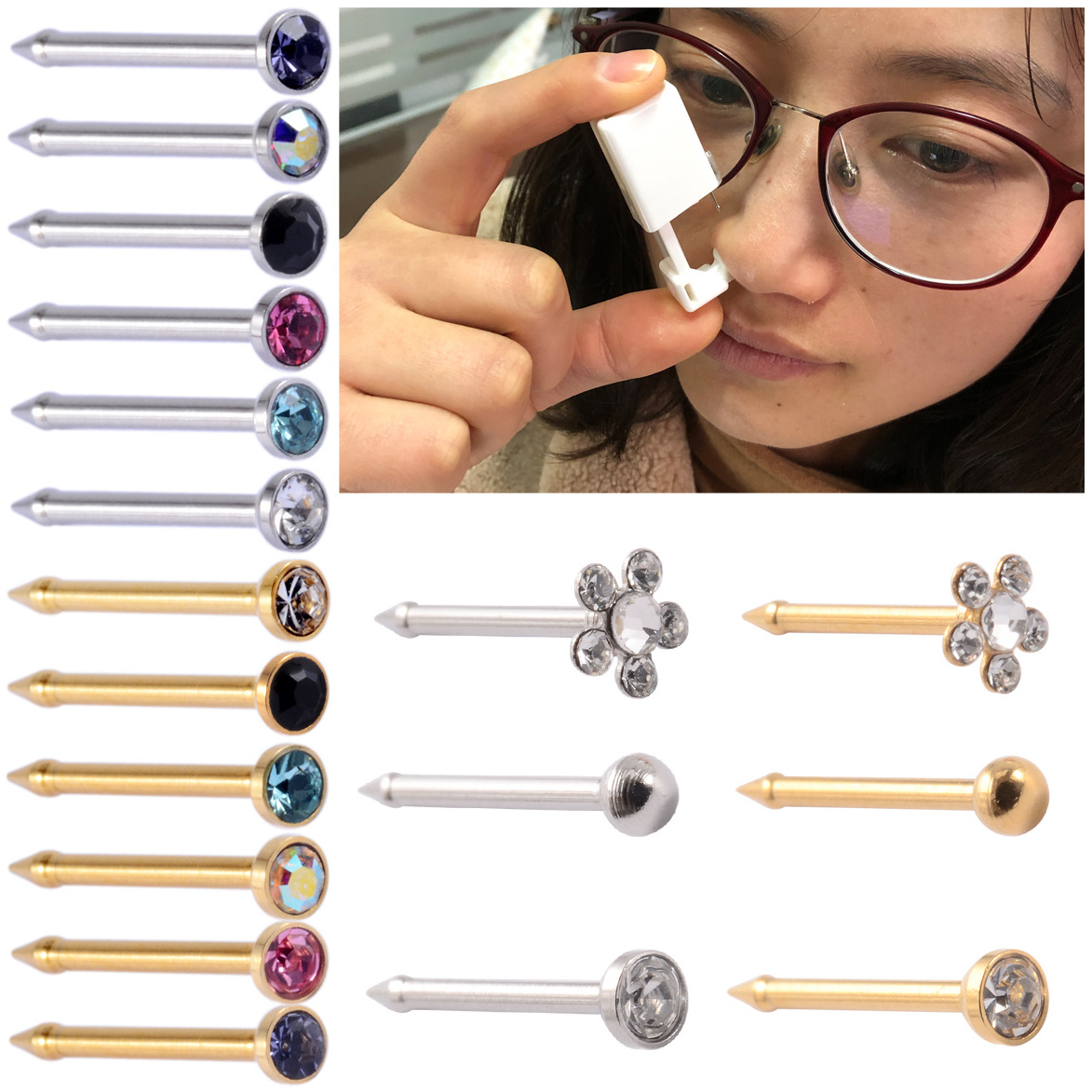 Disposable Stainless Steel Cz Gem Sterilized Nose Piercing Kit For Women Men No Pain Nose Studs Body Piercing Jewelry